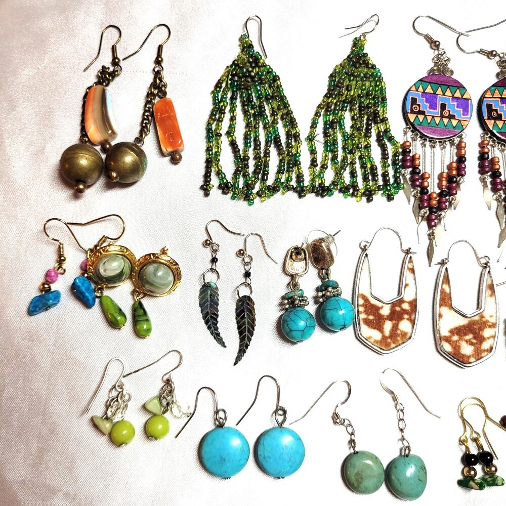 13 Pc Earrings Lot Retro Boho Western Southwestern Dangle Beaded Gemstone Chips - Picture 8 of 9